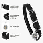 BRONZEDOG Rolled Leather Dog Collar for Small Medium Large Dogs with QR ID Tag (XS: 9-11 Inch, Glossy Black)