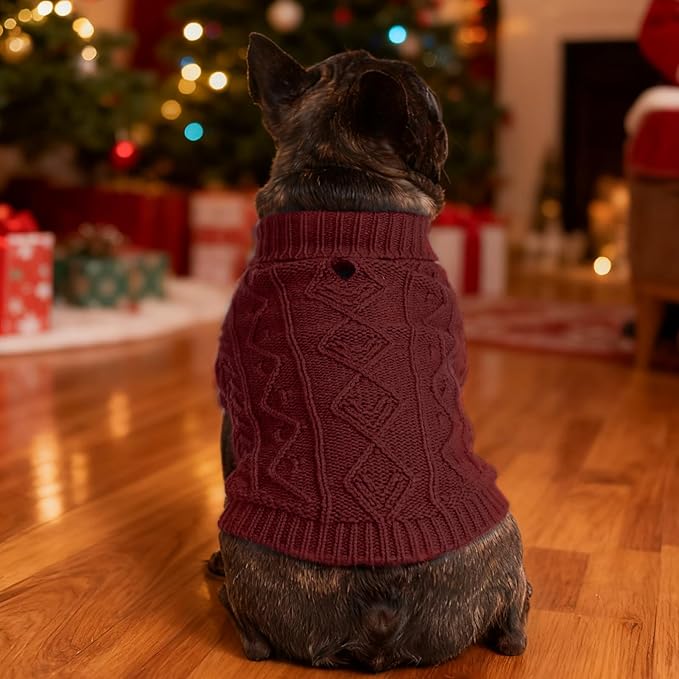 PUPTECK Dog Sweater, Turtleneck Warm Knitted Pullover Coat, Thick Cable Knitwear Clothes in Winter, Pet Apparel Outfits for Small Medium Dogs, for Cold Weather Indoor & Outdoor, Deep Red S