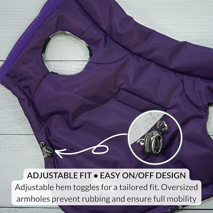 DJANGO Reversible Puffer Dog Coat – Warm Winter Dog Jacket & Water-Repellent Insulated Dog Coat w/Harness Hole, Windproof, Adjustable Fit for Small & Medium Dogs, Dachshunds – Violet Purple, X-Small