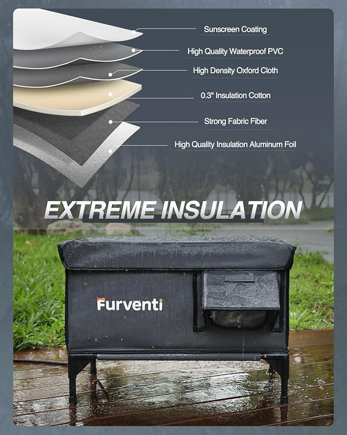 Heated Cat House for Outside,Dual Camera Mounts,100% Weatherproof & Extremely Insulated,Elevated Feral Cat Shelter with Escape Door,Waterproof Eaves for Outdoor Stray Barn Cat(Dark Grey,L)