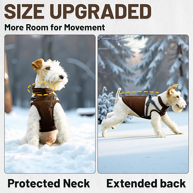 Dog Winter Coat for Small & Medium Dogs (Up to 31lb), Waterproof Dog Coat with Harness, Puppies Windproof Puppy Puffer Jacket, Snowsuit for Dachshund,Frenchie, Corgi (Classic Brown, 2XLarge)