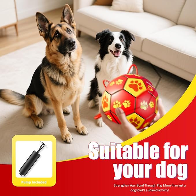 Size 2 Dog Soccer Ball with Straps Durable Training Ball for Pets Interactive Outdoor Dog Toy, Red & Yellow, Paw Prints Design, for Small to Medium Puppies, Pet Supplies
