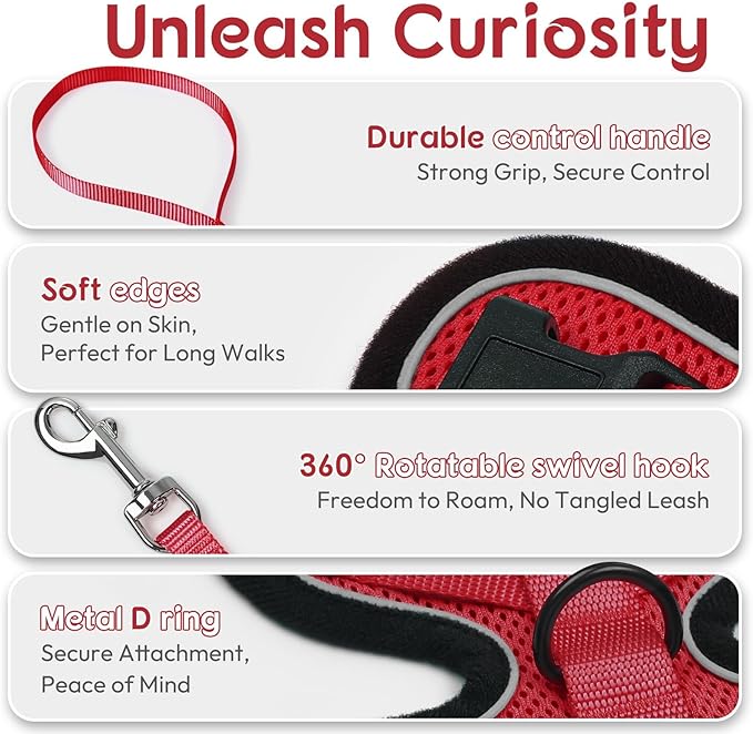 Dooradar Cat Harness and Leash Set, Escape Proof Safe Adjustable Kitten Vest Harnesses for Walking, Easy Control Soft Breathable Mesh Jacket with Reflective Strips for Cats, Red, XS