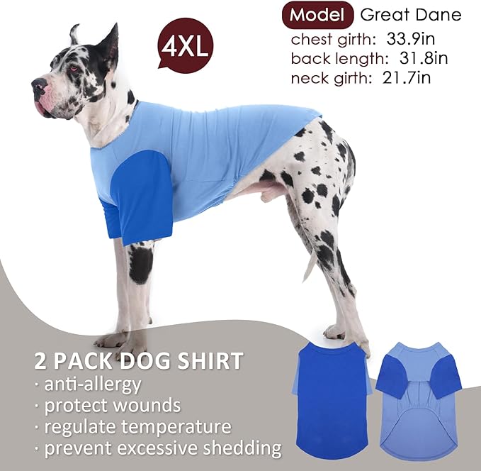 IKUPUKO 2 Pack Dog T-Shirts for Extra Large Dogs Soft Breathable Cotton Shirt Shedding Control Clothes for Great Dane, Summer Hot Weather Walking, Seaside, Park Play, XXXXXL