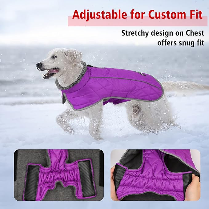 Fragralley Dog Coat Large, Waterproof Dog Jacket with Warm Fleece Lining, Adjustable Reflective Dogs Winter Coat, Turtleneck Pet Coats for Cold Weather (Purple XXXL)