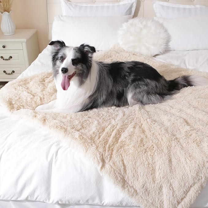 gogobunny Waterproof Dog Blanket for Large Dogs, Cats, Puppy, Reversible Faux Fur Pet Throw Blanket, Washable, Calming Furniture Protection for Sofa Bed (60x80 Inch (Pack of 1), Beige)