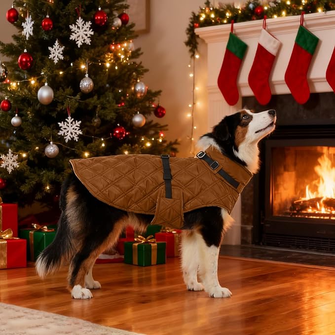 Kuoser Dog Coat Warm Fleece Lining Turtleneck Dog Jacket with Harness Built-in, Adjustable Windproof Cold Weather Coats with Quick Release Buckle Pet Winter Snowsuit for Large Dogs, Khaki XL