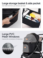 Pet Stroller with 4 Wheels, 4 in 1 Folding Puppy Strollers for Small/Medium Dogs up to 66lbs, Lightweight Pet Travel Carrier with Detachable Carrier/Storage Basket, One Click Folding, Black
