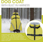 QBLEEV Dog Coat for Large Dogs, XL Dog Jacket for Winter Snow Waterproof with Built-in D-Ring Harness, Reflective Warm Thick Fleece Safety Vest, Cold Weather Snowsuit with Zip, Green, XL