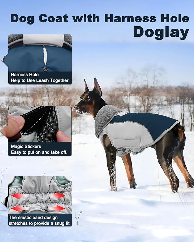 Doglay Dog Coat Waterproof Warm Dog Winter Jacket,Christmas Reflective Fleece Puppy Winter Coat with Harness Hole, Adjustable Snow Jacket for Small Medium Large Dogs