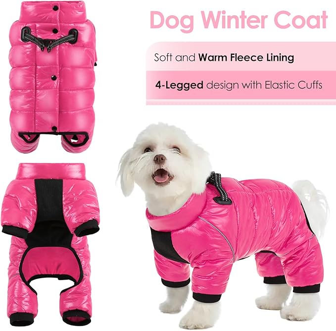 AOFITEE Dog Coat, Waterproof Dog Winter Jacket, Warm Fullbody Dogs Snowsuit, Winter Coat for Small Dogs, Zip Up Pet Puffer Jacket Fleece Vest, Outdoor Reflective Cold Weather Pet Coats, Rose Red L
