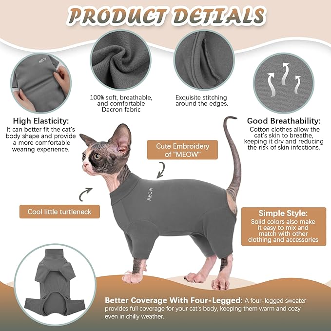 ROZKITCH Cat Sweaters for Cats Only, Breathable Soft Pet Jumpers, Warm Coat with Four Legs, Lightweight Sweater T-Shirt Cat Pajamas Jumpsuit Vest Cornish Rex, Devon Rex, Peterbald Grey XS