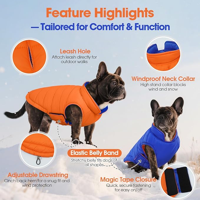 QBLEEV Reversible Dog Coat for Medium Dogs, Waterproof Windproof Winter Jacket Keeps Dogs Warm in Snow, Adjustable Hook & Loop Lightweight Dog Puffer Vest, Orange, L – Fits French Bulldog