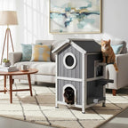 GEGURI Outdoor Heated Cat House Winter-Proof, Two-Story Insulated Shelter for Feral Cats with Thermal Layer, Removable Roof, Balcony & Escape Door