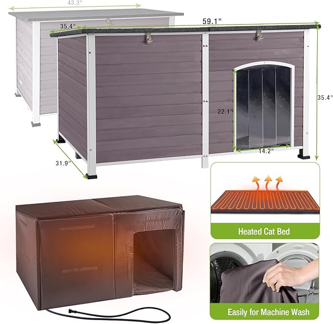 GUTINNEEN Heated Dog House Outdoor 59.1" Exra Large Dog Kennel with Metal Frame Insulated Dog Crate Cage for Large Dogs Outside with Heater and Insulated Liner, Grey