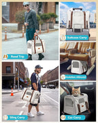 Morpilot Cat Carrier - Soft Sided Cat Carrier Large for Big Medium Cats and Puppy up to 18lbs, Pet Carrier with Safety Zippers, Foldable Bowl, Airline Approved Large Dog Carrier - Beige
