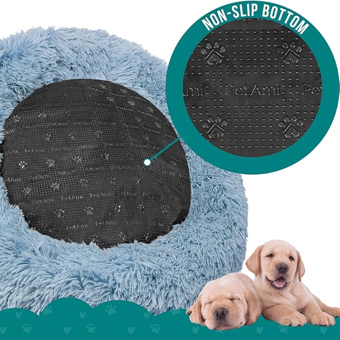 PetAmi Calming Dog Bed for Small Medium Dog Cat, Round Donut Washable, Fluffy Faux Fur Plush Cuddler Pet Kitten Cushion, Anti-Slip, Fits up to 45 lbs, 30 inch, Dusty Blue