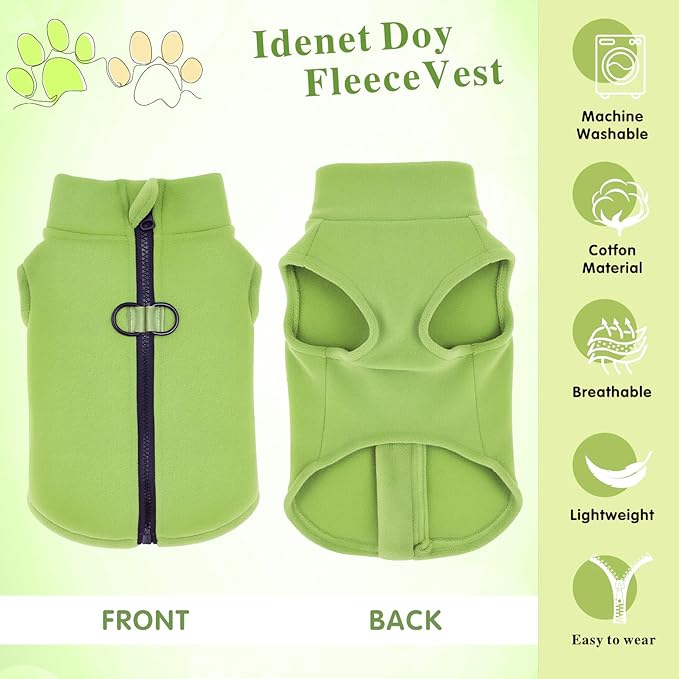 Idepet Dog Fleece Vest Sweater Zip Up Warm Pullover Dogs Jacket with D-Ring Leash Winter Cold Weater Coat Pet Sweatershirt Clothes Hoodie for Small Medium Dogs Boy Girl(Green,XL)