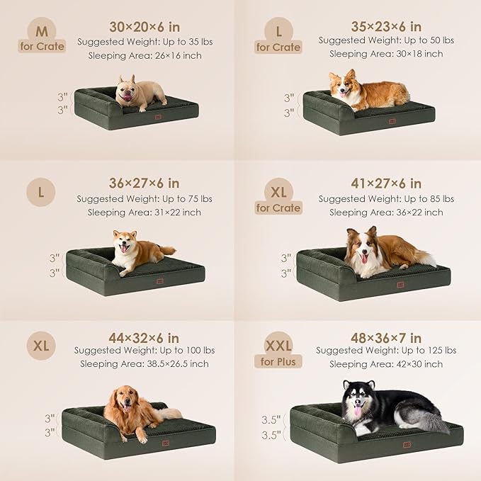 EHEYCIGA Memory Foam Dog Bed Medium Sized Dogs, Waterproof Dog Bed Orthopedic with Washable Removable Cover, Non-Slip Pet Bed Couch for Crate, 30x20x6 Inches, Dark Green