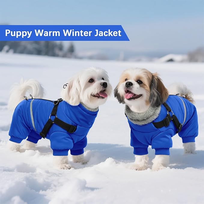 BRKURLEG Blue Dog Winter Coat, Cozy Winter Dog Jackets, Small Dogs Coat with Harness, Onesie Body Warm Puppy Christmas Jacket, Pet Reflective Cold Weather Jackets, Puppy Four-Legged Puffer Coats,L