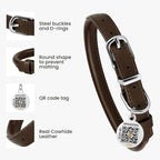 BRONZEDOG Rolled Leather Dog Collar for Small Medium Large Dogs with QR ID Tag (M: 14-16 Inch, Coffee Brown)