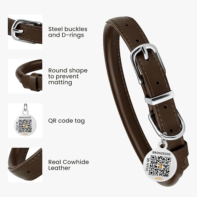 BRONZEDOG Rolled Leather Dog Collar for Small Medium Large Dogs with QR ID Tag (M: 14-16 Inch, Coffee Brown)