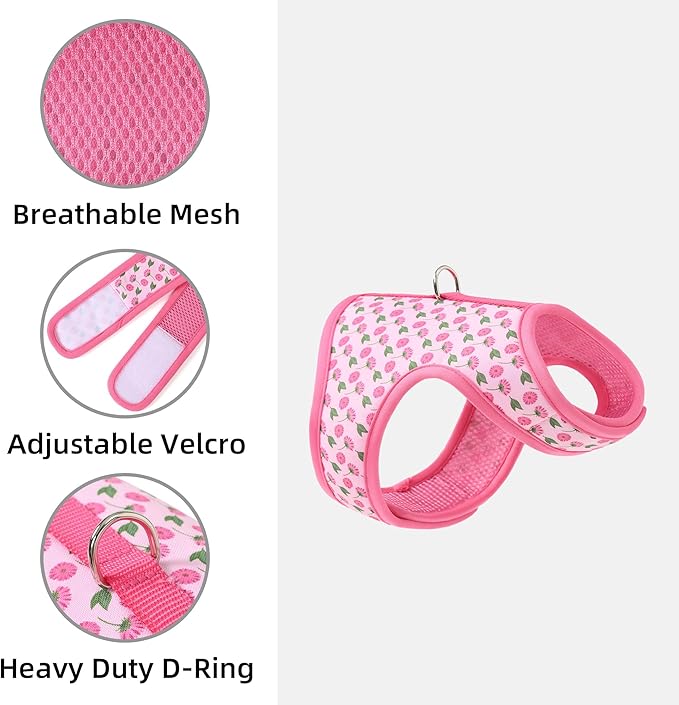 Mile High Life Dog Harness, Air Mesh Floral Vest Harness for 20 lbs Small Dogs & Cats, Easy Get on Adjustable Easy Closures Both Neck and Chest(Pink Flower, S Chest 16"-18")