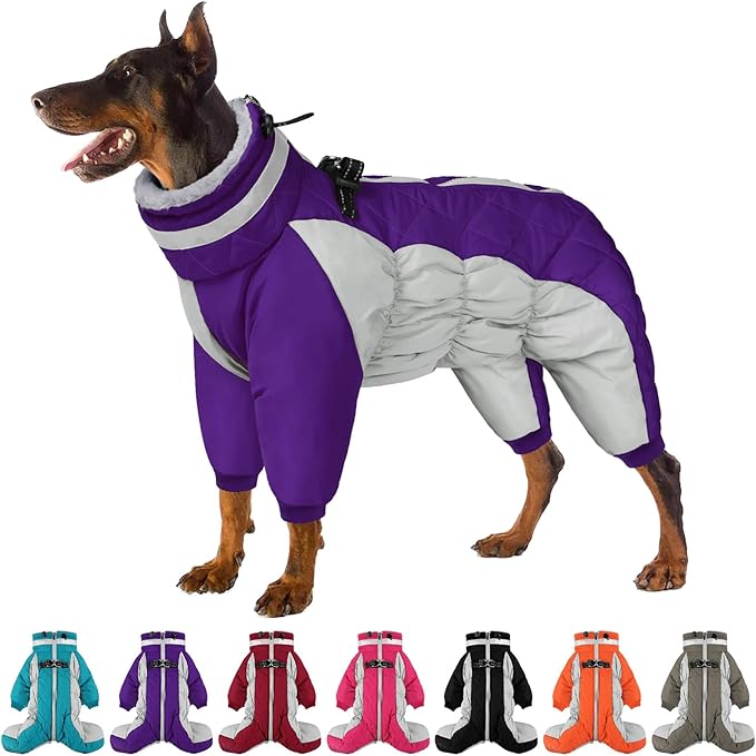 SUNFURA Purple Large Dog Coat, Water-Resistant Fleece, Turtle Neck, Windproof, Reflective, Full Body Warm Winter Dog Jacket with Harness