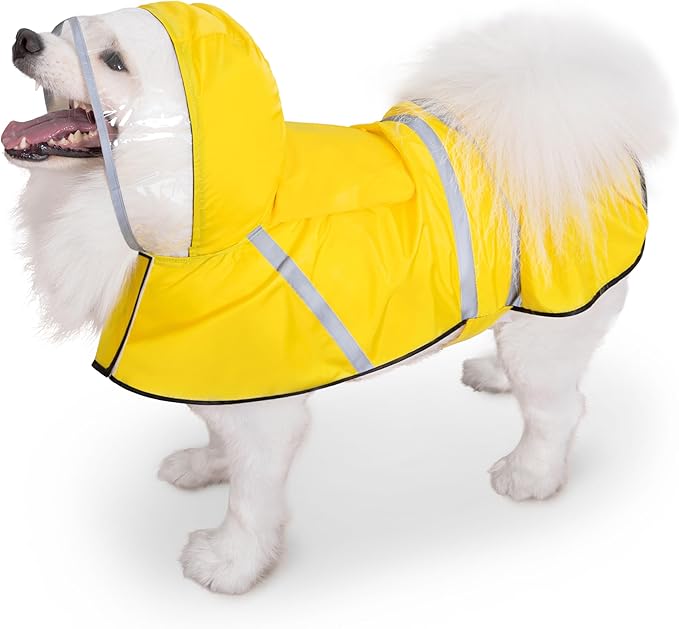 Dog Raincoat, Adjustable Rain Jacket with Hooded Double Layer for Large Medium Small Dogs Puppies, Lightweight Waterproof Rain Coat Poncho with Reflective Stripe Yellow,L