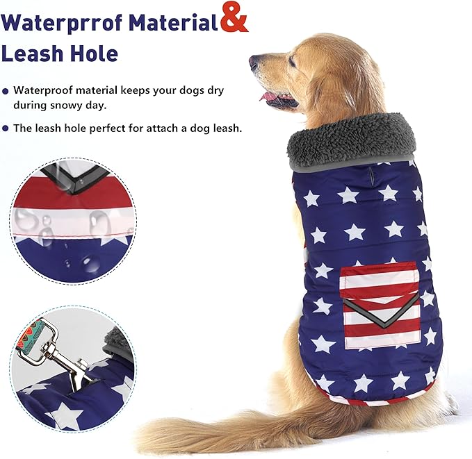 Dog Coat, Waterproof Dog Winter Jacket with Pocket, Reflective Adjustable Pet Snow Vest, Warm Cozy Fleece Sweater for Small Medium Extra Large Dogs - American Flag, 3XL