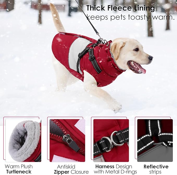 AOFITEE Dog Coat, Warm Dog Jacket with Harness Built in, Waterproof Coats for Small Dogs, Dogs Winter Coat Puffer Jacket with Zipper & Fleece Collar, Pet Snowsuit Sweater for Chihuahua Yorkshire, XS