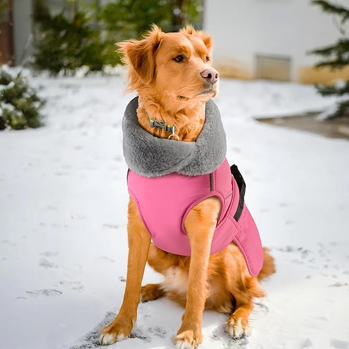 PETDSH Dog Coat Large, Windproof Dog Jacket with Warm Fleece Lining, Thickened Collar Dogs Winter Coat, Adjustable Reflective Pet Coats for Cold Weather (Pink, X-Large)