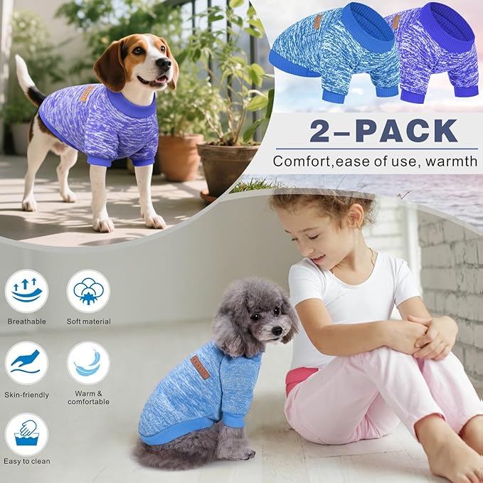 2 Pieces Pet Dog Classic Knitwear Sweater, Fleece Coat for Small,Medium Dogs,Warm Pet Dog Cat Clothes,Soft Puppy Customes for Chihuahua Yorkshire Tzu (Blue Dark Navy,S)