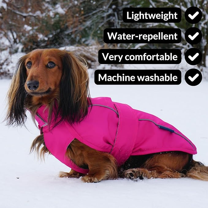DJANGO Dog Jacket & Raincoat – Lightweight Water-Resistant Coat for Small, Medium & Long Dogs Like Dachshunds – Reflective, Adjustable Fit, Harness-Compatible & Easy-Access Harness Hole - Pink, Large
