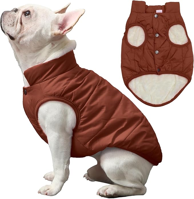 2 Layers Fleece Lined Warm Dog Jacket for Puppy Winter Cold Weather,Soft Windproof Small Dog Coat,Brown S