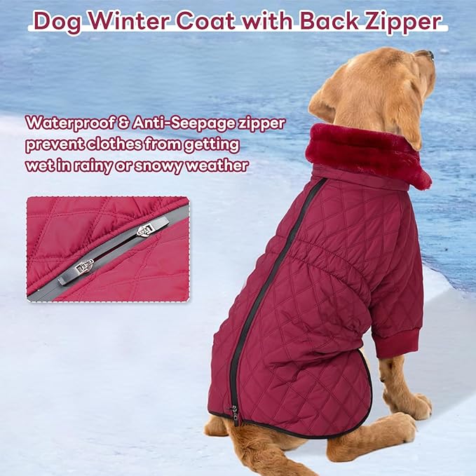 IDOMIK Dog Winter Coat for Large Dogs, Warm Dog Winter Jacket with Fleece High Collar, Zippered Cold Weather Coats for Dogs, Waterproof Doggy Snow Jacket Clothes,WineRed,3XL
