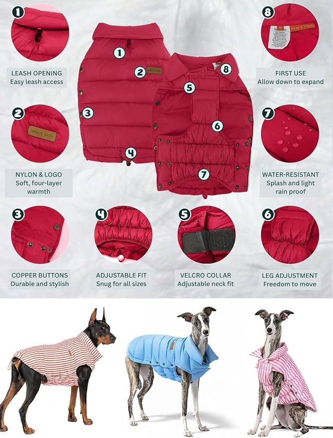 SPACE LION Dog Puffer Jacket, Down Winter Coat, Durable Outdoor Coat for Cold and Windy Conditions, Waterproof, Lightweight Jacket, Adjustable Fit for Small, Medium, Large Dogs(Red,16/XL)