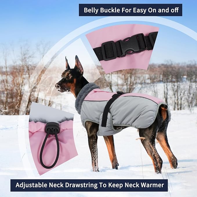IECOii Dog Coat for Extra Large Dogs - Reflective Adjustable Jacket with Buckle Fleece Turtleneck for Cold Weather - Soft Winter Coat for Giant Breed Dogs, Great Dane Winter Clothes, Pink, 4XL