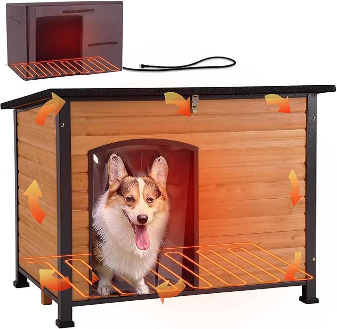 GUTINNEEN Heated Dog House Outdoor 43.3" Large Dog Kennel with Metal Frame Insulated Dog Crate Cage for Large Dogs Outside with Heater and Insulated Liner, Brown