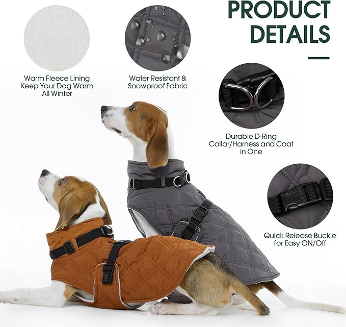 Kuoser Dog Coat Warm Fleece Lining Turtleneck Dog Jacket with Harness Built-in, Adjustable Windproof Cold Weather Coats with Quick Release Buckle Pet Winter Snowsuit for Small Dogs, Grey S