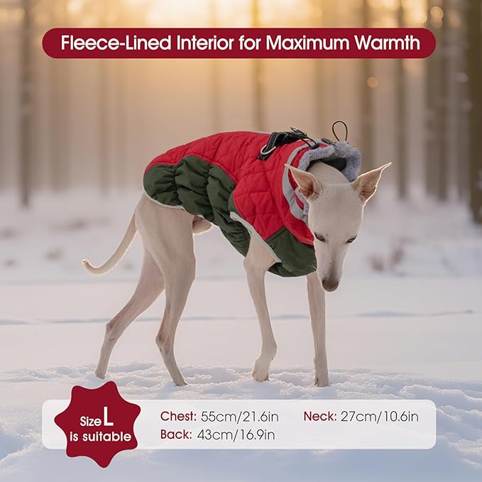 FUAMEY Dog Coat for Large Dogs,Waterproof Dog Winter Jacket with Harness Built in Puppy Cold Weather Coats Reflective Pet Vest with Zipper Warm Fleece Dogs Snowsuit Windproof Christmas XXL