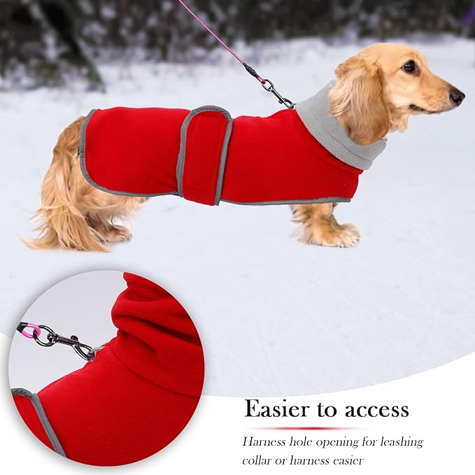 Geyecete Dachshund Sweaters - Dachshund Dog Jacket, Winter Coat with Padded Fleece Lining, High Collar, Snowsuit with Adjustable Bands - Red, XS