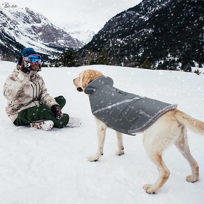 VIVAGLORY Snowrap Dog Coat, Jacket with Harness Hole & Velcro Closure, Dog Coat for Winter & Cold Weather, Fluffy Warm Fleece Lined Reflective Water Resistant for Puppy, S, Grey