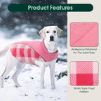 Kuoser Dog Winter Coat, Reversible Waterproof Dog Jacket with Reflective Strip, Warm Dogs Fleece Vest Adjustable Doggy Cold Weather Clothes Plaid Christmas Outfit Pet Apparel for Large Dogs, Pink L