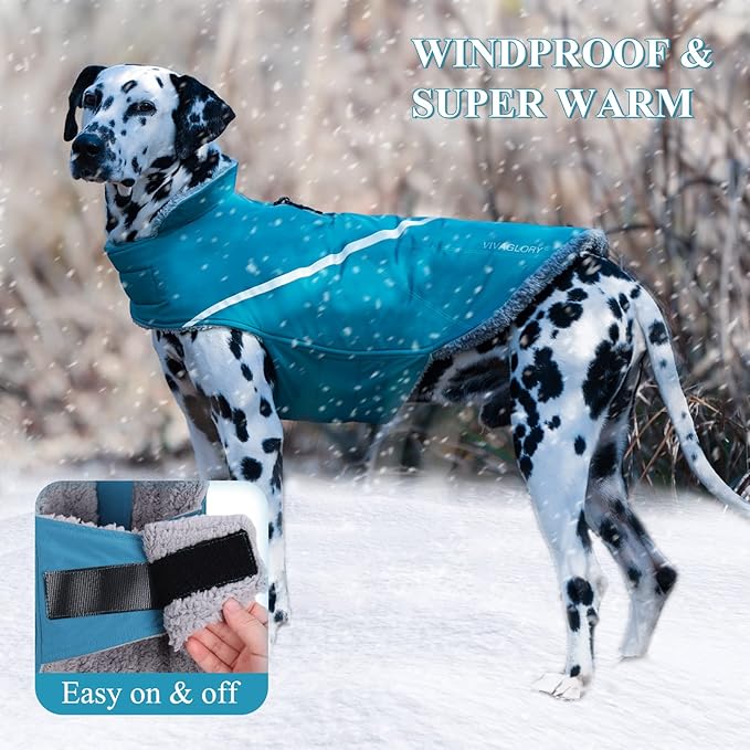 VIVAGLORY Snowrap Dog Coat, Jacket with Harness Hole & Velcro Closure, Dog Coat for Winter & Cold Weather, Fluffy Warm Fleece Lined Reflective Water Resistant for Puppy, L, Turquoise