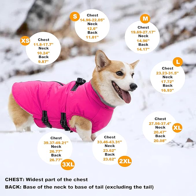 Small Dog Coat with Harness Built-in, Waterproof Reflective Fleece Lined - Warm Windproof Winter Jacket with Back Zipper, Cold Weather Snow Dog Coats - Pink - S