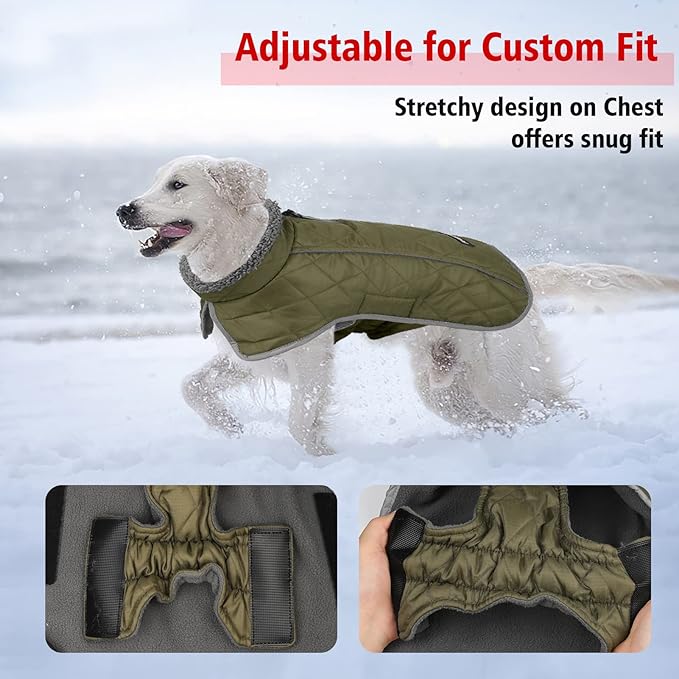 Fragralley Dog Coat Large, Waterproof Dog Jacket with Warm Fleece Lining, Adjustable Reflective Dogs Winter Coat, Turtleneck Pet Coats for Cold Weather (ArmyGreen XXXL)