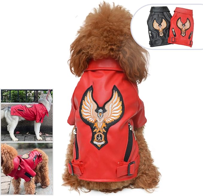 Lovelonglong Cool Dog Leather Jacket, Warm Coats Dogs Windproof Cold Weather Coats for Large Medium Small Dogs with Eagle Embroidery Red M