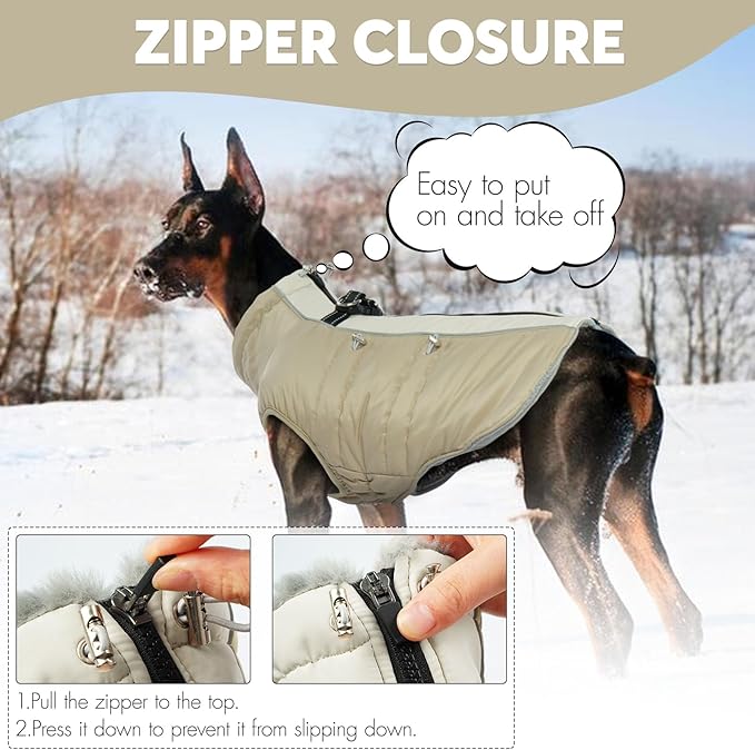 IDOMIK Warm Dog Coat with Harness, Waterproof Reflective Dog Jackets for Small Medium Large Dogs, Fleece High Collar Winter Jacket with Zipper, Pet Winter Snowsuit Clothes for Cold Weather,Khaki 2XL