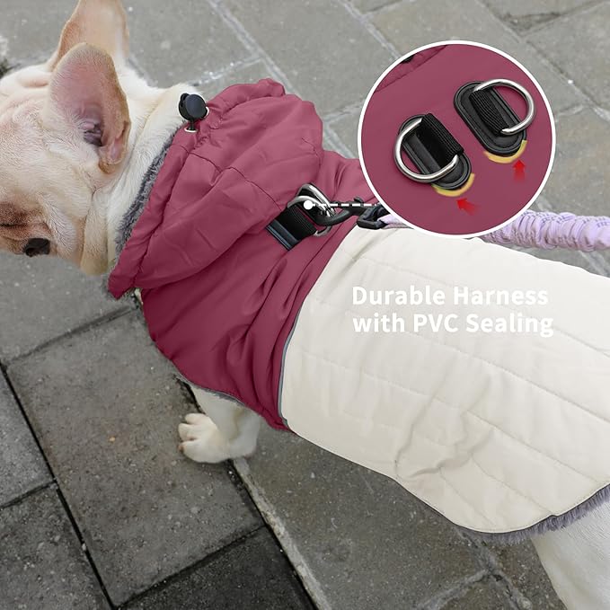 Detachable Hooded Dog Coat with Harness for Medium Dogs,Super Warm Fleece Puppy Jacket for Cold Winter Doggie Coats,Red L